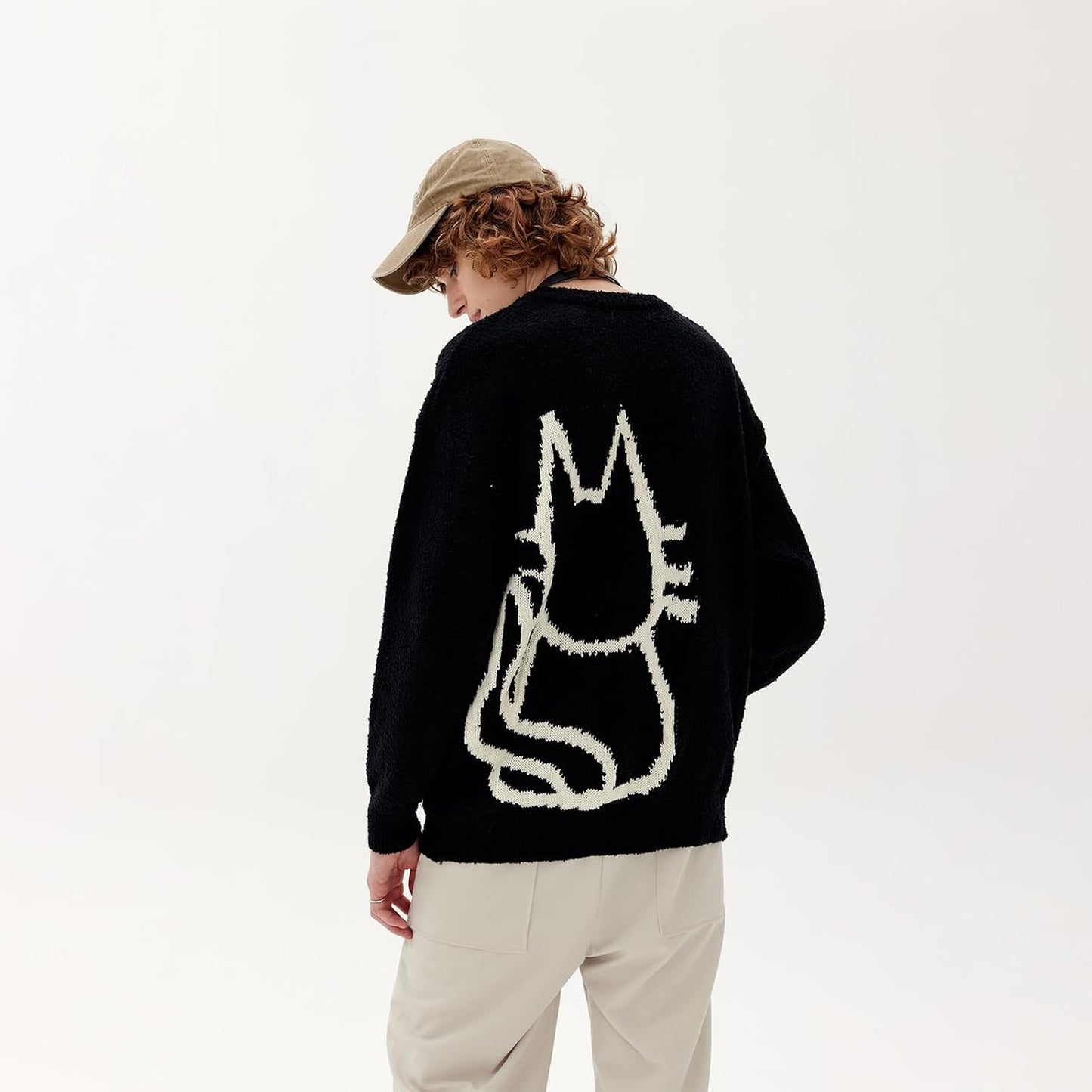 Aelfric Eden Suéter pulôver feminino desenhado à mão com estampa gráfica de gato suéter grande outono inverno moda casal tops