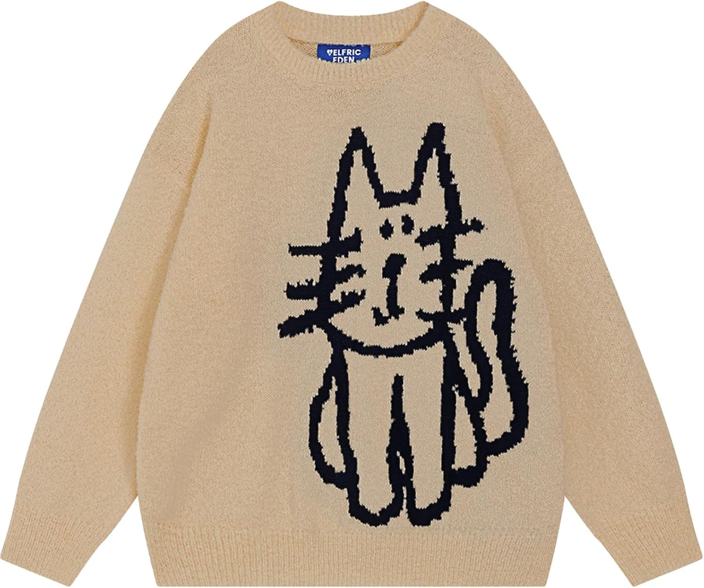 Aelfric Eden Suéter pulôver feminino desenhado à mão com estampa gráfica de gato suéter grande outono inverno moda casal tops