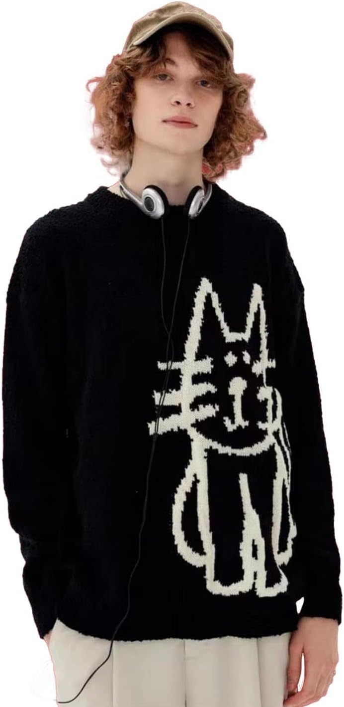 Aelfric Eden Suéter pulôver feminino desenhado à mão com estampa gráfica de gato suéter grande outono inverno moda casal tops
