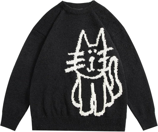 Aelfric Eden Suéter pulôver feminino desenhado à mão com estampa gráfica de gato suéter grande outono inverno moda casal tops